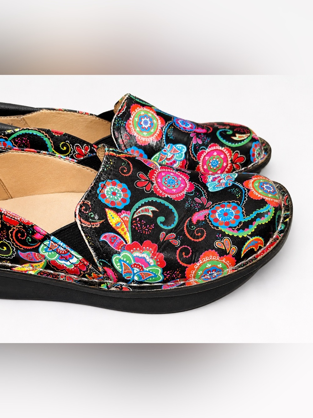 Alegria Debra Floral Mary Jane Clogs Size 34‎ Paisley Party Boho Leather Comfy! - Picture 2 of 7